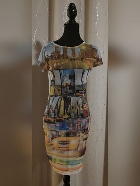 Vintage Y2K Cleo Apparel NYC Taxi Graphic Mesh Bodycon Mini Dress Size L